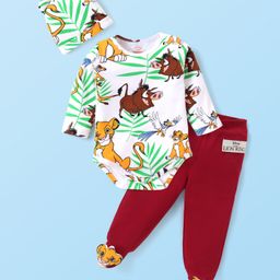 Babyhug Disney Interlock Knit Full Sleeves Onesie with Leggings & Cap Lion King Graphic & Badge Detailing -Dark Red & White-image-75