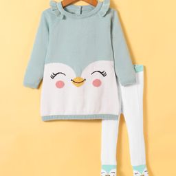 ToffyHouse Cotton Knit Raglan Sleeves Frock & Legging with Animal Print - Light Green-image-38