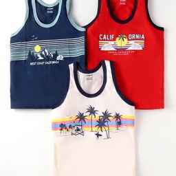 CUCUMBER Cotton Sleeveless Beach Theme Print Vest Set Of 3 - Red Navy Blue & Baby Pink-image-27