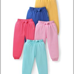 Babyhug Cotton Knit Full Length Brand Text Printed Lounge Pants with Bow Applique Pack of 5 - Pink Blue & Yellow-image-56