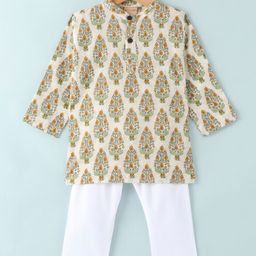 Ridokidz Cotton Full Sleeves Leaves Printed Kurta Pyjama - Off White-image-41
