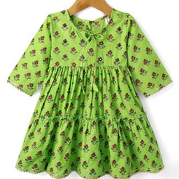 Babyhug Cotton Woven Three Fourth Sleeves Ethnic Dress With Floral Print - Light Green-image-91