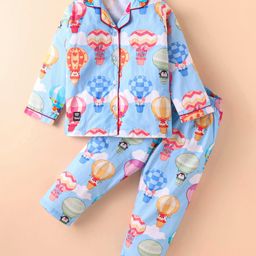 Enfance Core Cotton Woven Full Sleeves Hot Air Balloon Printed Coordinating Night Suit Set - Sky Blue-image-71