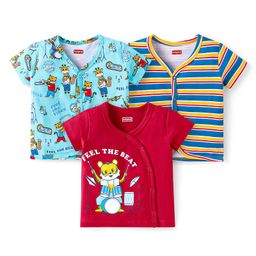 Babyhug 100% Cotton Knit Half Sleeves Front Open Jhablas With Stripes & Animal Print Pack Of 3 - Red & Light Blue-image-54