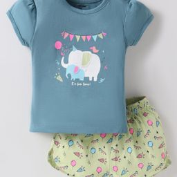 CUCUMBER Sinker Knit Half Sleeves Shorts Night Suit with Elephant Print - Blue-image-30