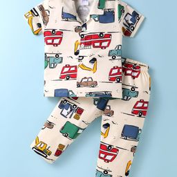 Ollypop Sinker Knit Half Sleeves Co-ords Night Suit with VehiclePrint - Pink & White-image-97