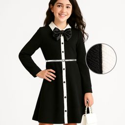 Arias Woven Full Sleeves Collar Neck Textured Dress With Belt & Bow Applique - Black & White-image-40