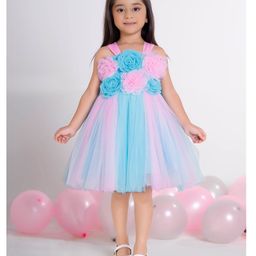 Ministitch Net Woven Sleeveless Pearls Embellished Floral Applique Detailed Dress - Blue-image-44