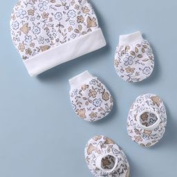 Bubble Pop Cotton Knit Cap Mitten & Booties Set with Floral Print White - Diameter 10 cm-15