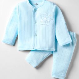 Zero Knitted Full Sleeves Animal Printed Front Open Night Suit - Light Blue-picture-33