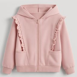 Aww Hunnie Terry Knit Full Sleeves Frill Detailed Solid Hooded Zipper Jacket - Pink-picture-6