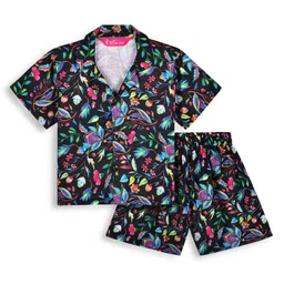 Tilism Knit Half Sleeves Floral Printed Coordinating Shirt & Shorts Night Suit Set - Multi Colour-picture-2
