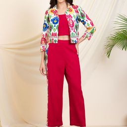 DEEBACO Printed Notched Lapel Collar Blazer & Trouser With Crop Top-image-65