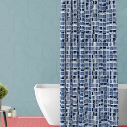ArtzFolio White & Blue Checked Waterproof Shower Curtain-7