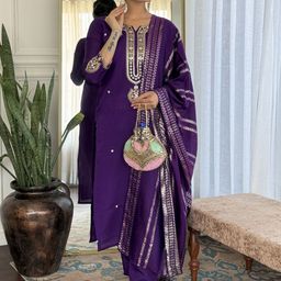 Siya Fashion Floral Embroidered Notch Neck Straight Kurta With Trouser & Dupatta-26