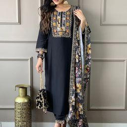 KALINI Floral Embroidered Straight Chanderi Silk Kurta with Trousers & Dupatta-picture-48