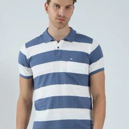 Monte Carlo Blue & White Regular Fit Striped Polo T-Shirt-image-45