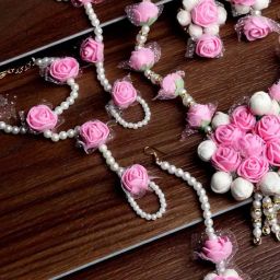 Zeneme Pink White Pearl Gota Patti Flower Jewellery Set-66
