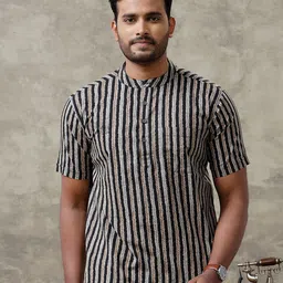 Ramraj Striped Band Collar Long Sleeves Cotton Straight Short Kurta-picture-25