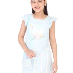 Cutecumber Kids Aqua Printed Dress with Sling Bag-picture-2