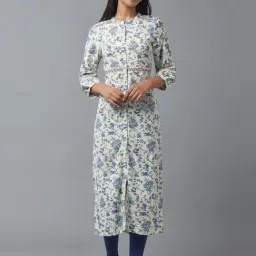 W White & Blue Floral Print Straight Kurta-picture-12