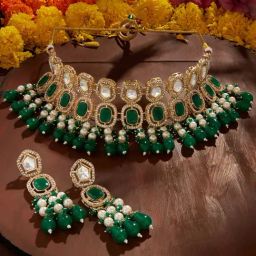 Zaveri Pearls Green Cluster Beads Stones Austrian Diamonds Choker Necklace & Earring Set-ZPFK18089-12
