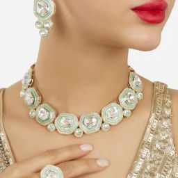Zaveri Pearls Mint Green Meenakari Dazzling Stones Embellished Necklace Earring & Ring Set-ZPFK18080-13