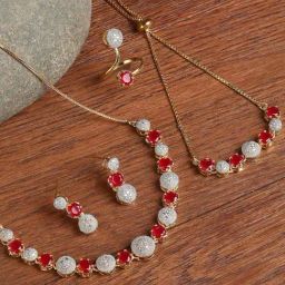 Zeneme Gold Plated Red White CZ Stone Studded Jewellery Set-picture-7
