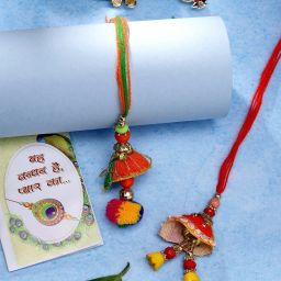 NVR Red Beaded Lumba Rakhi with Roli Chawal - Set of 2 image 1