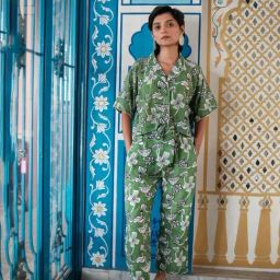Khajoor Studio Fern Green Bageecha Botanical Vine Resort Shirt with Pant-image-24