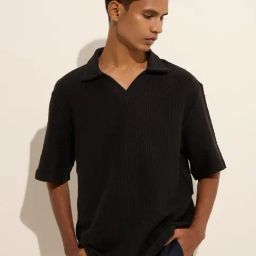 ETA by Westside Black Knit-Textured Relaxed-Fit Cotton Polo T-Shirt-image-82