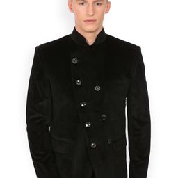 Wintage Men Black Double-Breasted Velvet Tailored Fit Ethnic Bandhgala Blazer-51