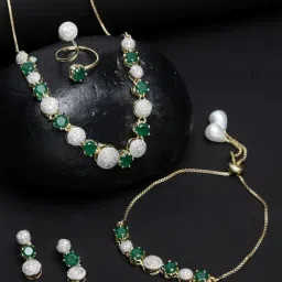 Zeneme Gold Plated Green CZ Stone Studded Jewellery Set-image-48