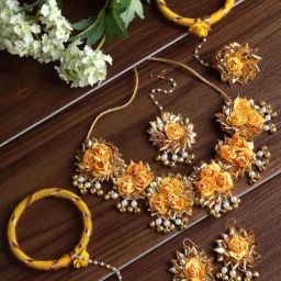 Zeneme Yellow White Pearl Gota Patti Flower Jewellery Set-22