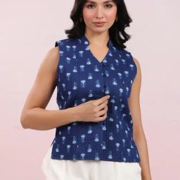 Janasya Blue Regular Fit Printed Jacket-image-51