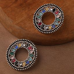 VENI 92.5 Silver-Plated Artificial Stone Studded Circular Shaped Oxidised Studs-8