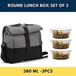 Femora Borosilicate Transparent & Grey Glass Round Lunch Container With Bag Set (.38 L) image 4