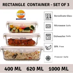 Femora Glass Rectangular Container with Air Vent Lid (400 ml, 620 ml & 1000 ml) - Set of 3 image 2