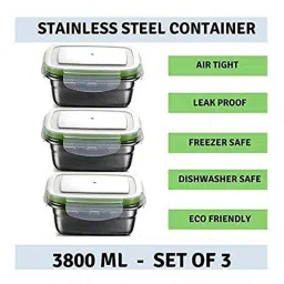 Femora High Steel Rectangular Lunch Box with Air Tight Lid (3800 ml) - Set of 3 image 4