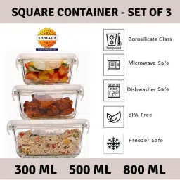 Femora Borosilicate Glass Square Container with Air Vent Lid (300 ml, 500 ml & 800 ml) - Set of 3 image 2