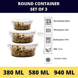 Femora Borosilicate Glass Storage Container with Air Vent Lid (380 ml, 580 ml & 940 ml) - Set of 3 image 3