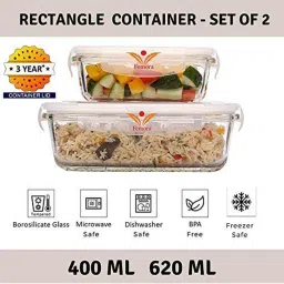 Femora Borosilicate Glass Rectangular Container with Air Vent Lid (400 ml & 620 ml) - Set of 2 image 2