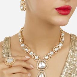 Zaveri Pearls Gold Tone Dazzling Stones Austrian Diamonds Ethnic Necklace Earring & Ring-ZPFK18078-53