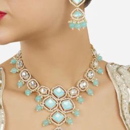 Zaveri Pearls Turquoise Blue Stones Beads Austrian Diamonds Necklace & Earring Set-ZPFK18004-12