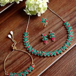 Zeneme Green Red Flower Shaped Gold Plated AD Studded Jewellery Set-image-46