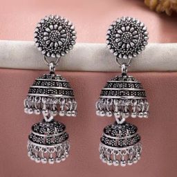 NVR Silver Oxidized Jhumki Earrings-16