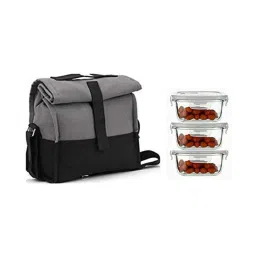 Femora Borosilicate Transparent & Grey Glass Square Lunch Container With Bag Set (0.3 L) image 1