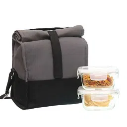 Femora Borosilicate Transparent & Grey Glass Square Lunch Container With Bag Set (0.3 L) image 2