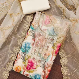 HERE&NOW Floral Embroidered Sequinned Organza Unstitched Dress Material-picture-3
