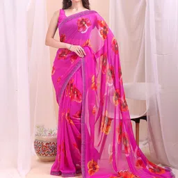Leelavati Floral Printed Sequinned Pure Chiffon Saree-picture-43